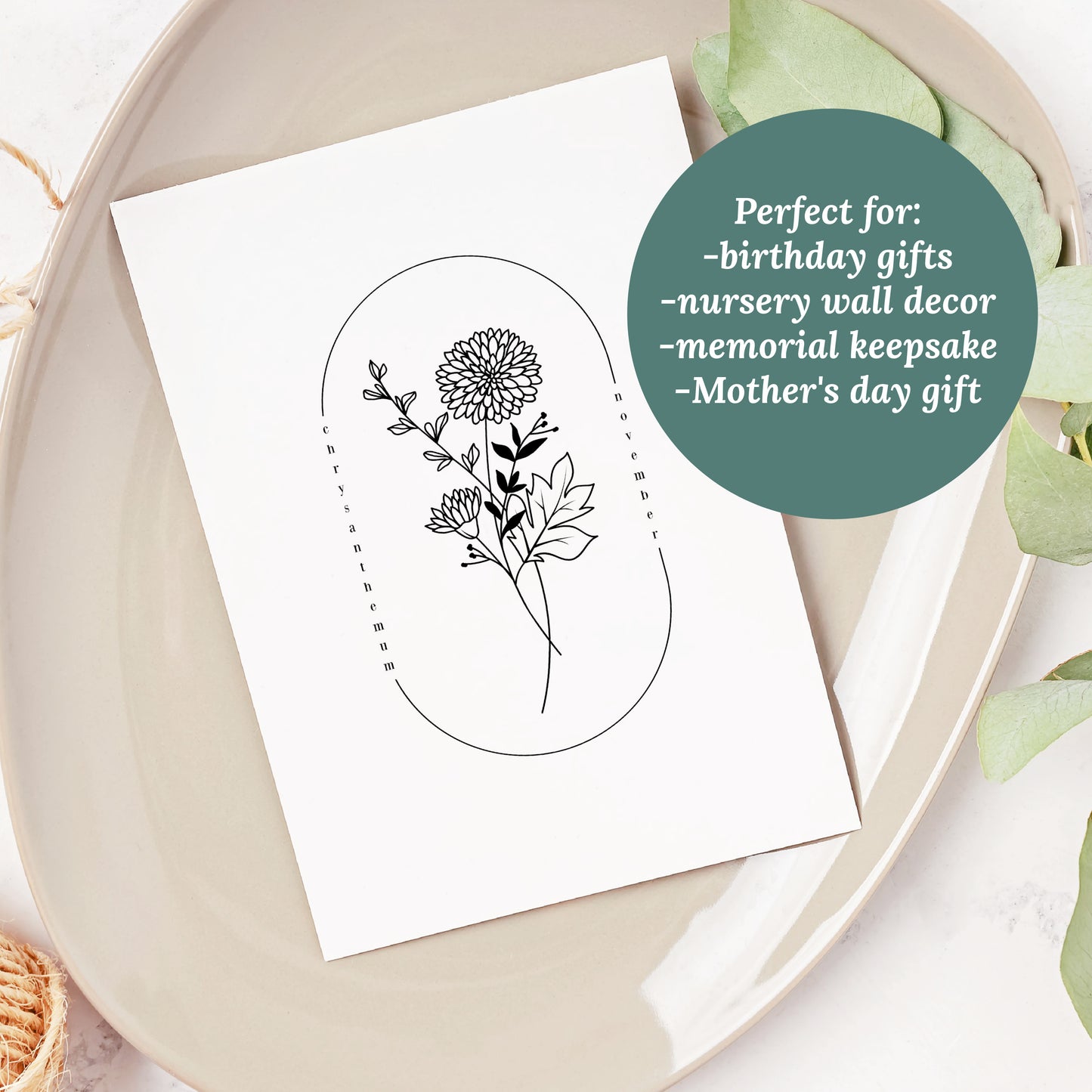 November Birth Flower Print | Peony Chrysanthemum Simple Floral Wall Decor | Nursery Art Birthday Gift Remembrance Keepsake