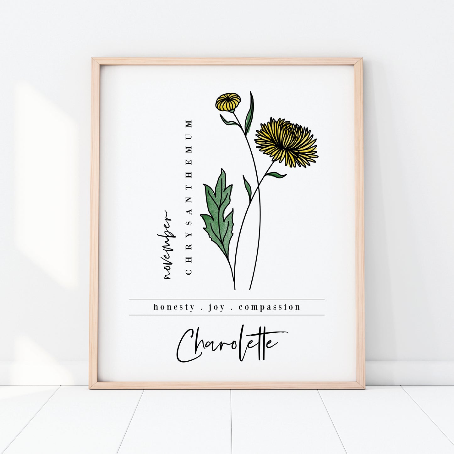 November Birth Flower Unframed Art Print | Personalized Name Custom Floral Illustration Wall Decor Birthday Gift