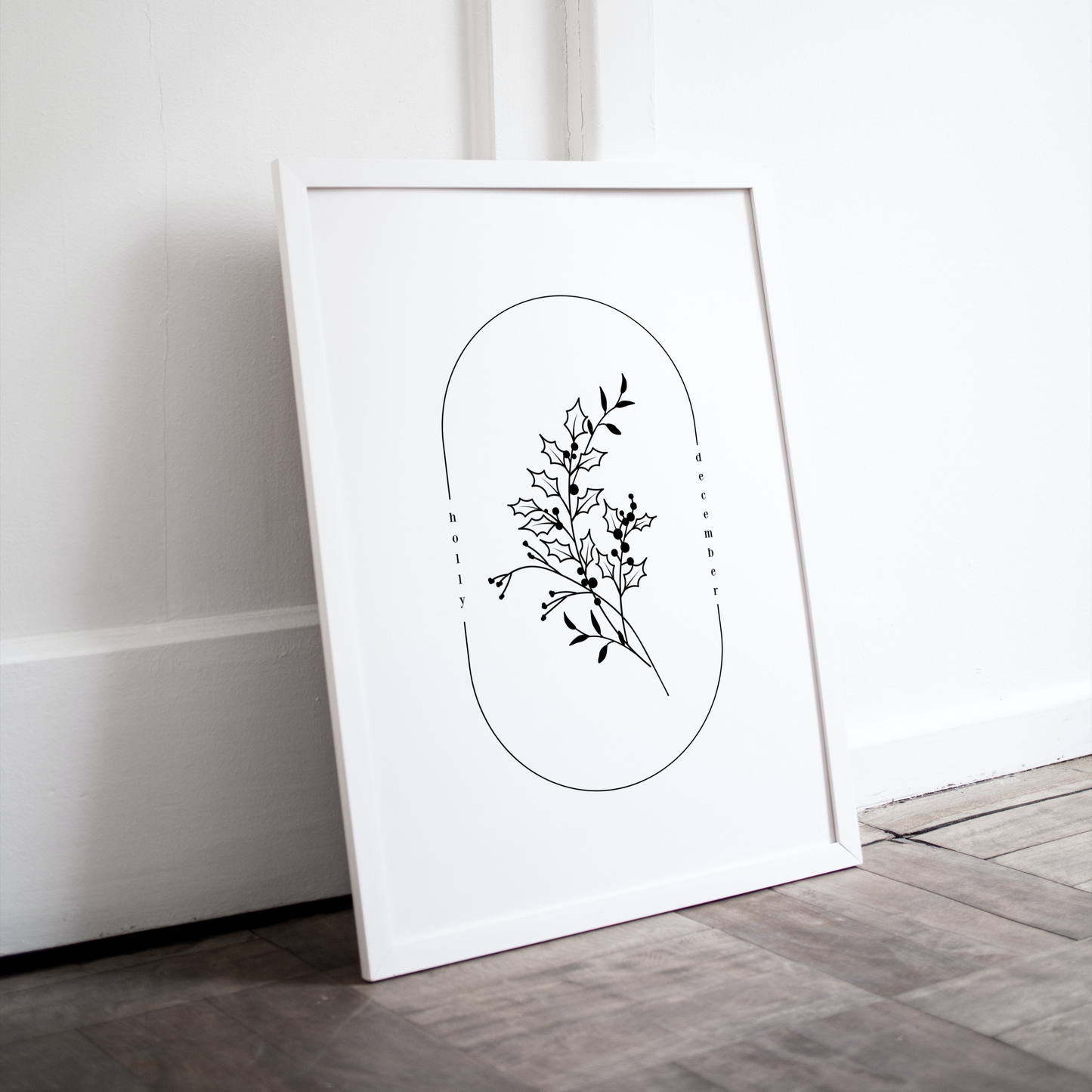 December Birth Flower Holly | Oval Frame Simple Art Printable | Digital Wall Decor