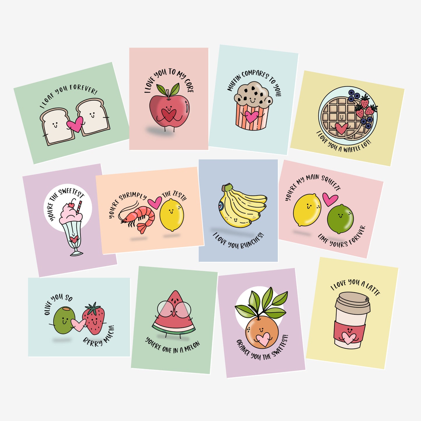 12 Pk Punny Valentines Cards + Envelopes - Blank Love Notes for Foodies, Lovers, & Friends