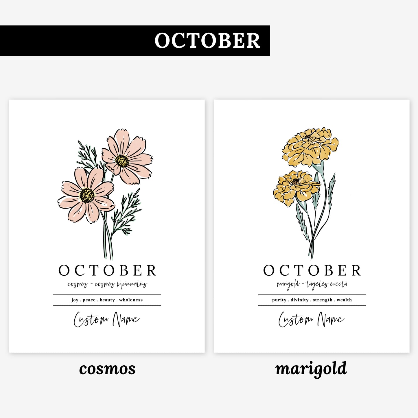 Personalized Name Birth Flower Unframed Art Print | 28 Options 4 Sizes | Custom Gift for Birthdays | Nursery Wall Decor