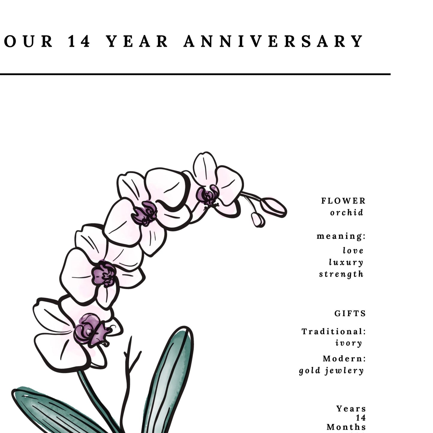 14 Year Anniversary Orchid Flower Art Printable | Wedding Anniversary Floral Gift