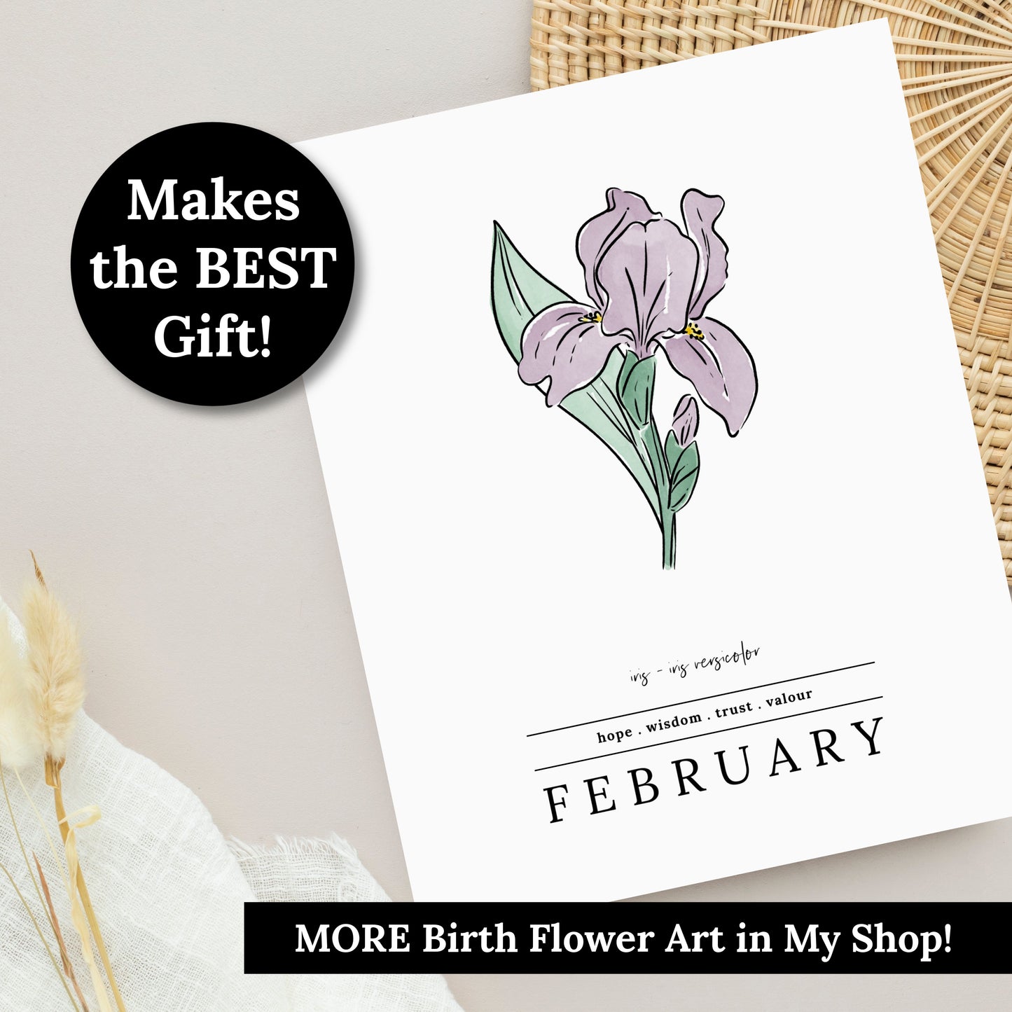 February Iris Birth Flower Unframed Art Print | Illustrated Floral Art