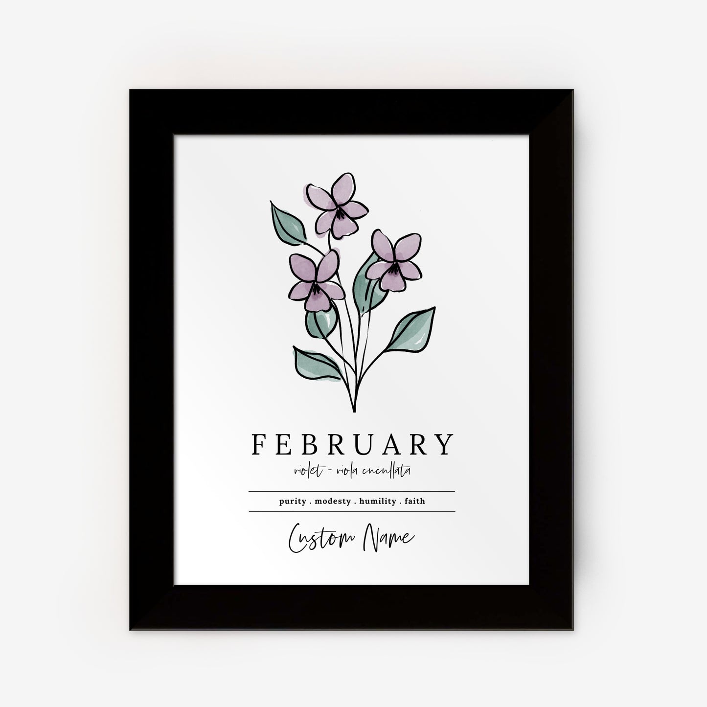 February Violet Birth Flower Custom Name Framed Print | Custom Gift for Birthdays | Nursery Wall Decor