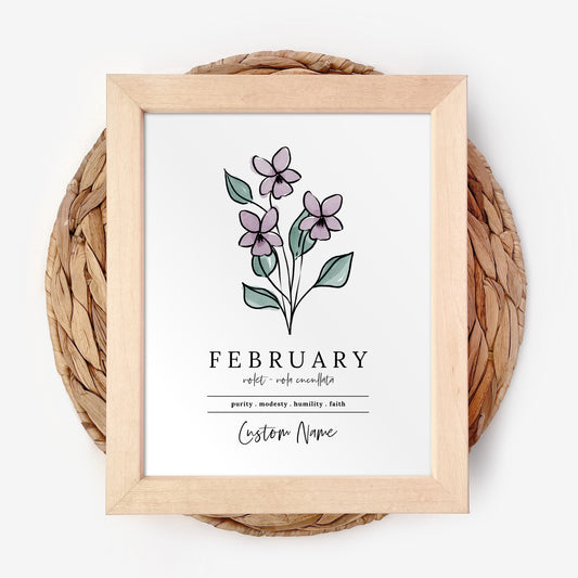 February Violet Birth Flower Custom Name Framed Print | Custom Gift for Birthdays | Nursery Wall Decor