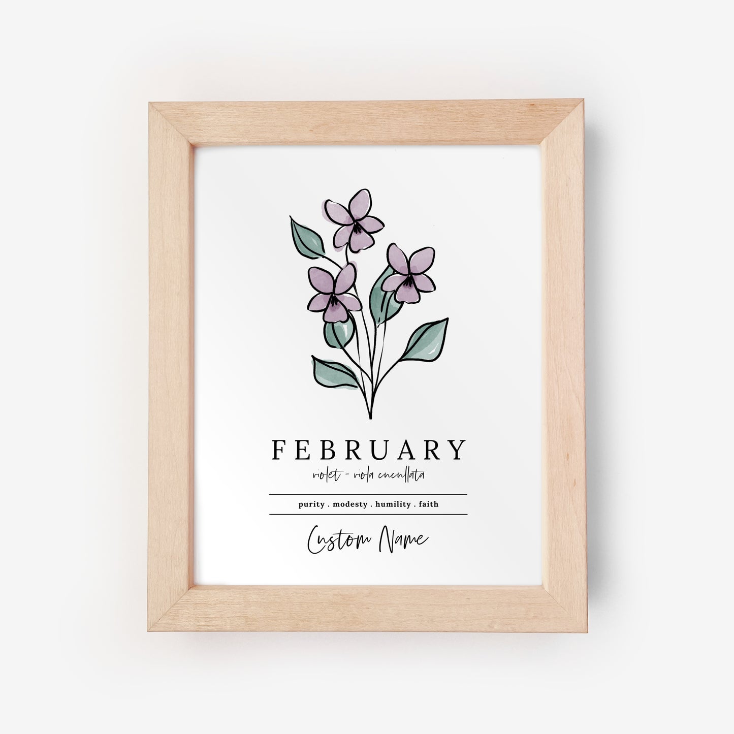 February Violet Birth Flower Custom Name Framed Print | Custom Gift for Birthdays | Nursery Wall Decor