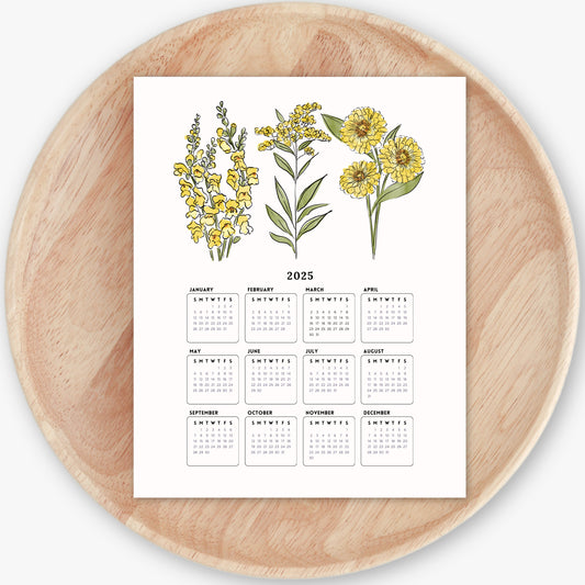 2025 Calendar Print | Yellow Floral At A Glance Unframed Art | Office Wall Decor | Family & Coworker Gift