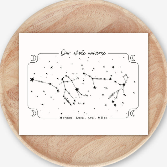 Family Universe Custom Zodiac Print | Simple Line Art Horoscope Astrology Star Chart