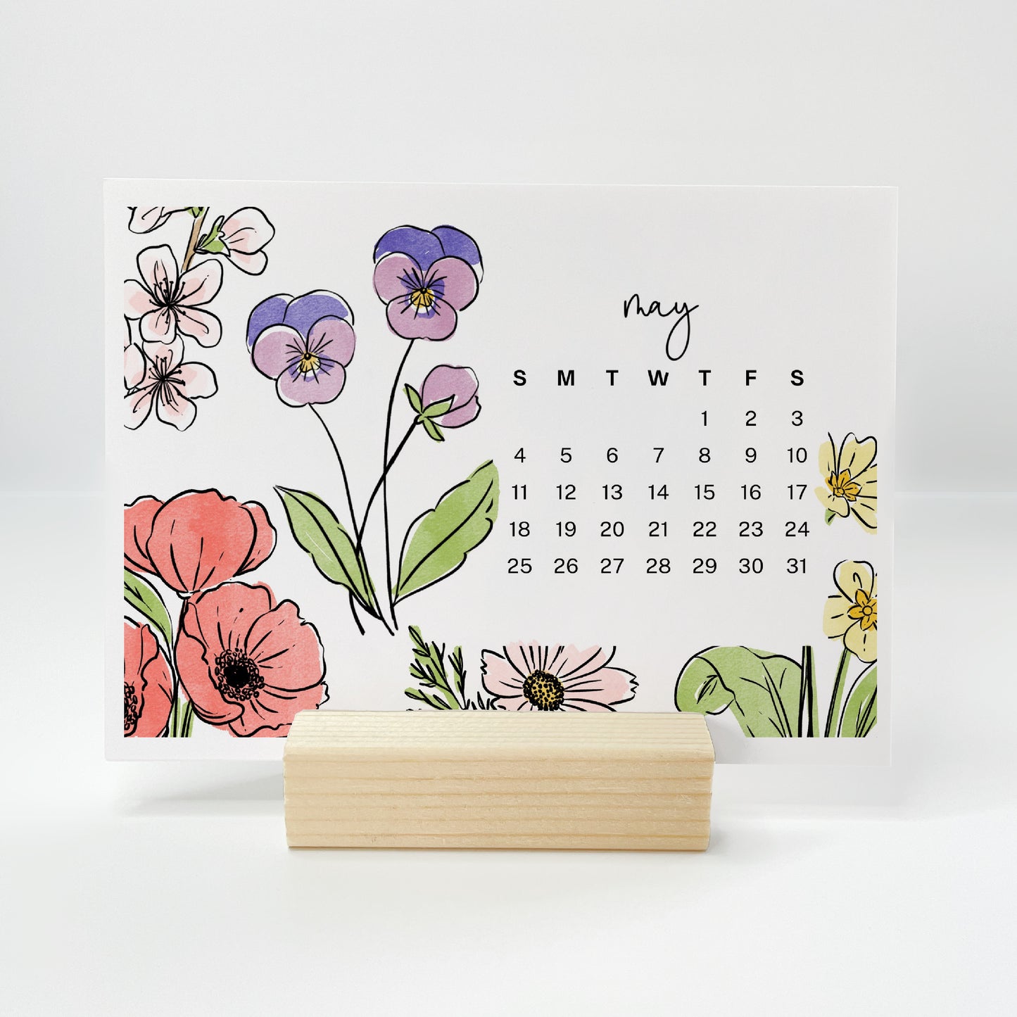 2025 Calendar + Wooden Stand | Watercolor Floral Monthly Layout | Full Year Desk Calendar