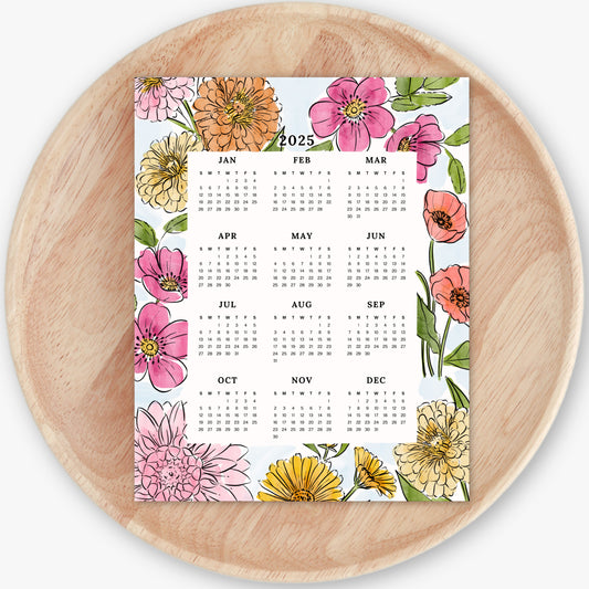 2025 Calendar Print | Watercolor Floral At A Glance Unframed Art | Office Wall Decor | Family & Coworker Gift