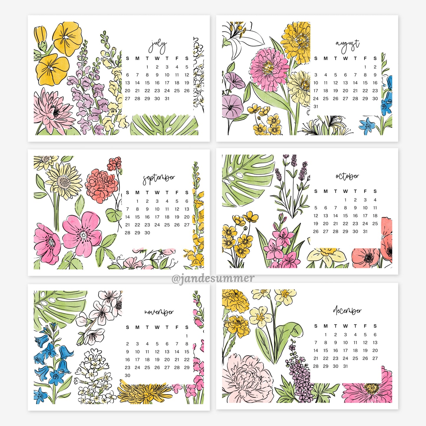 2025 Calendar + Wooden Stand | Watercolor Floral Monthly Layout | Full Year Desk Calendar