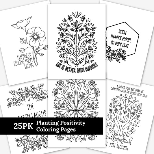 25 Pk Planting Positivity Large Print Floral Coloring Pages | Mindful Nature Themed Illustrations