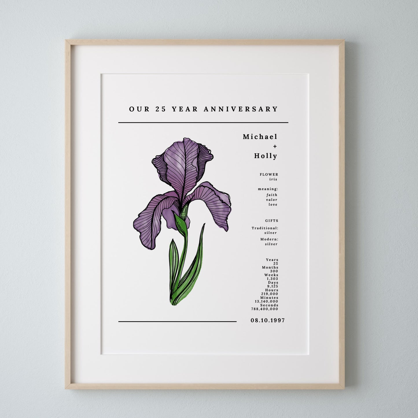 25 Year Anniversary Iris Flower Art Printable | Wedding Anniversary Floral Digital Wall Decor