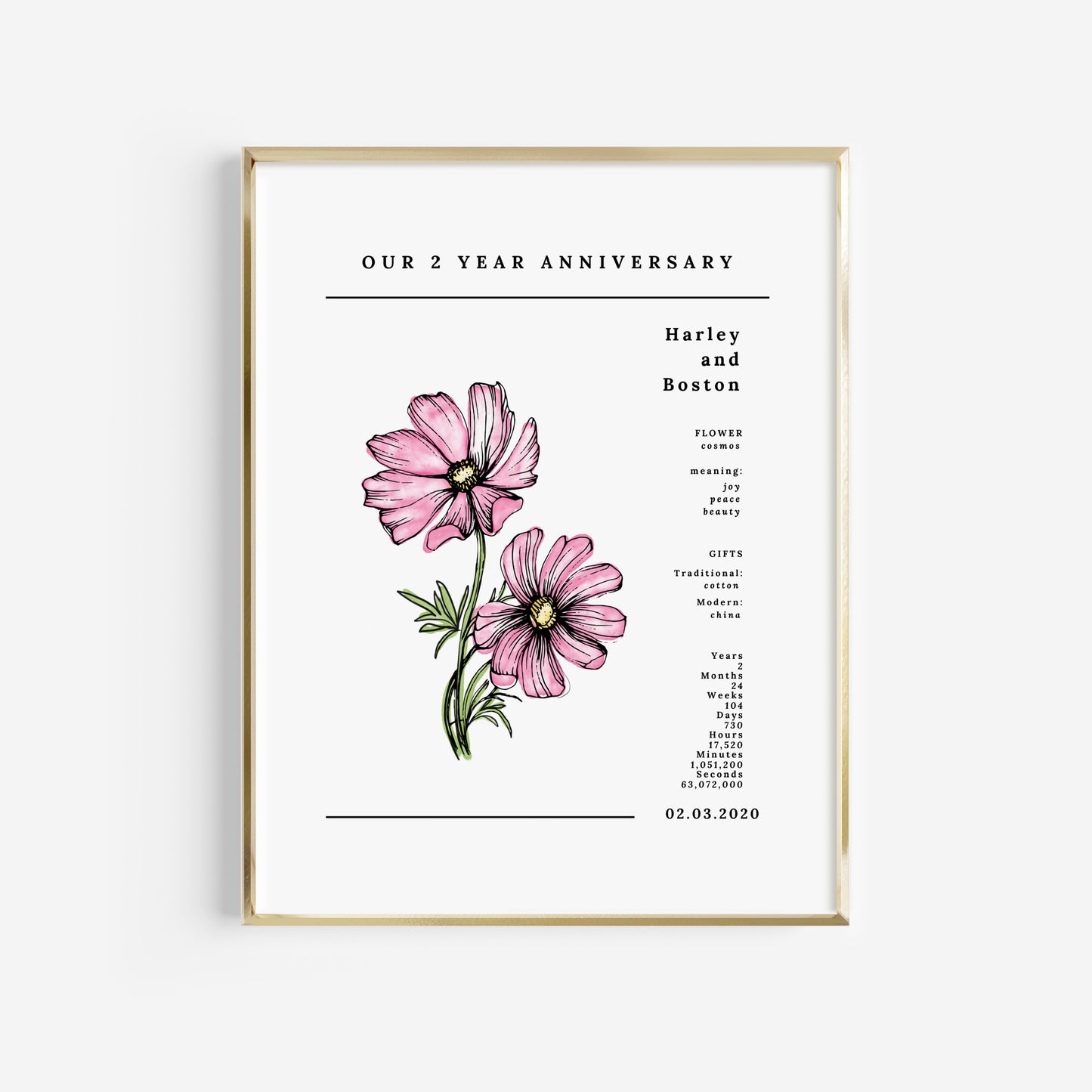 2 Year Anniversary Cosmos Flower Art Printable | Wedding Anniversary Floral Digital Wall Decor