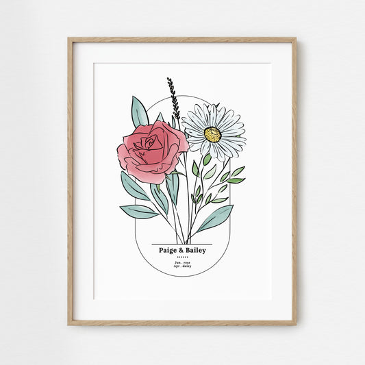 2 Flowers Birth Flower Bouquet Art Print | Personalized Wedding Gift | Couples Anniversary Keepsake