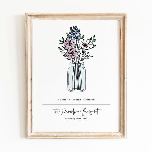 3 Birth Flower Bouquet Unframed Print | Up to 3 Names & Flowers | Best Gift For Mom and Grandma