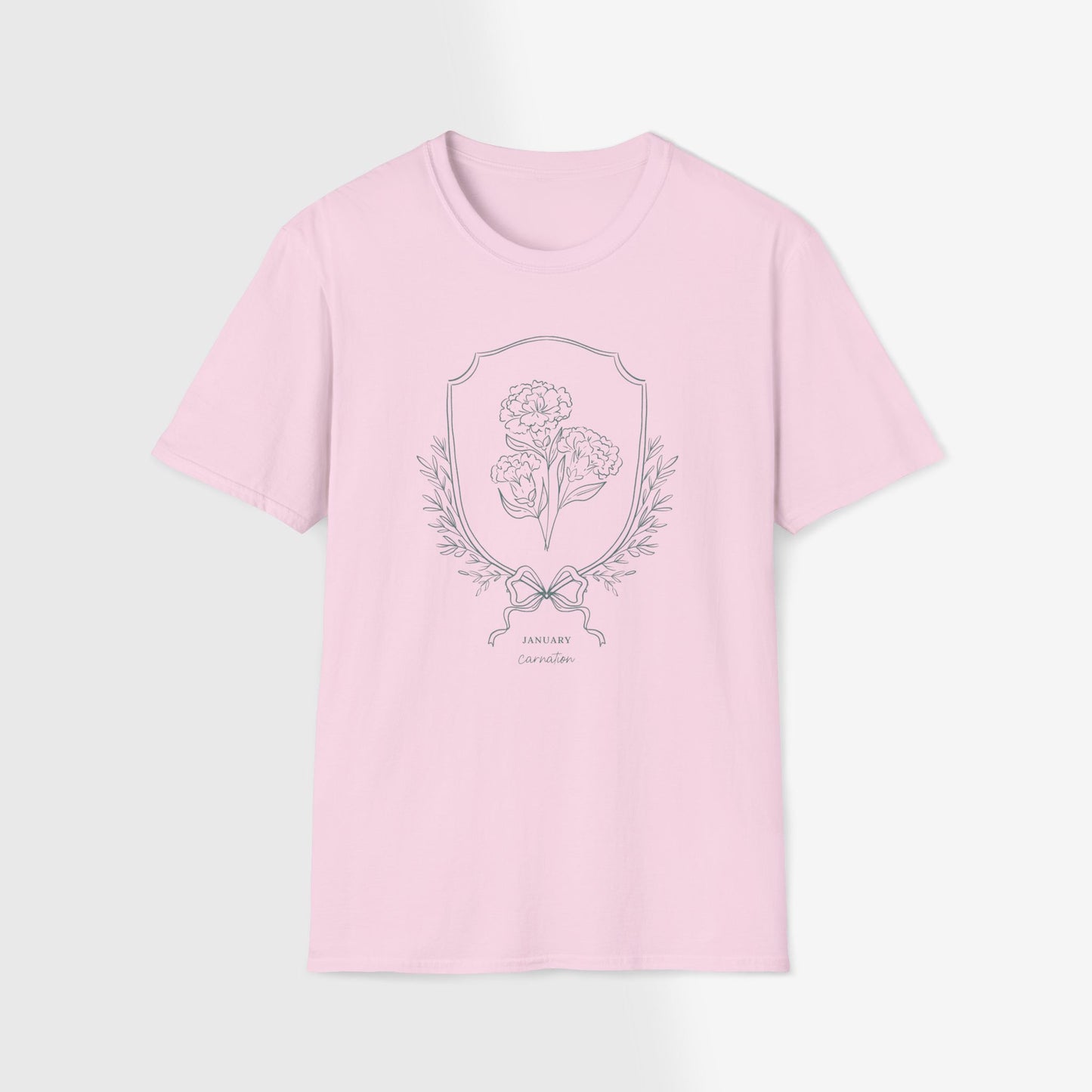 January Carnation Floral Unisex T-Shirt - Softstyle Graphic Tee for Seasonal Celebrations