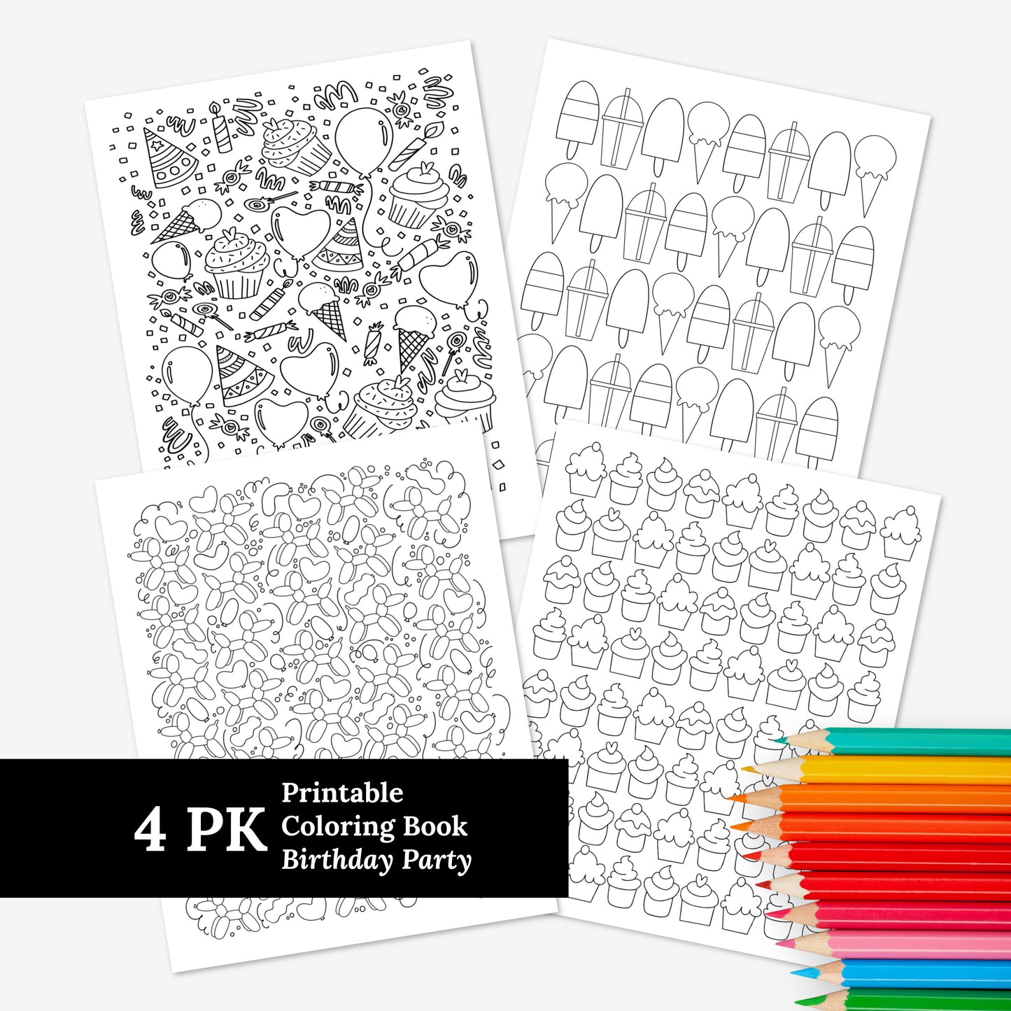 4 Pack Birthday Party Printables | Cupcakes Balloons & Treats | Digital Coloring Pages