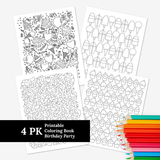 4 Pack Birthday Party Printables | Cupcakes Balloons & Treats | Digital Coloring Pages