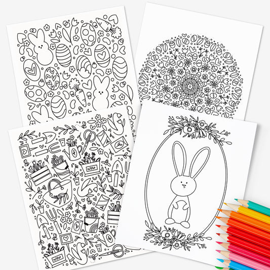 4 Pk Easter Printable Coloring Pages Digital Color Sheets | Hand-Drawn Spring Flower Bunny Egg Illustrations