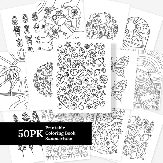 50 Pk Summertime Printable Coloring Pages | Hand Illustrated Ocean Tropical Flower Fishing Travel Summer Foods Garden Theme