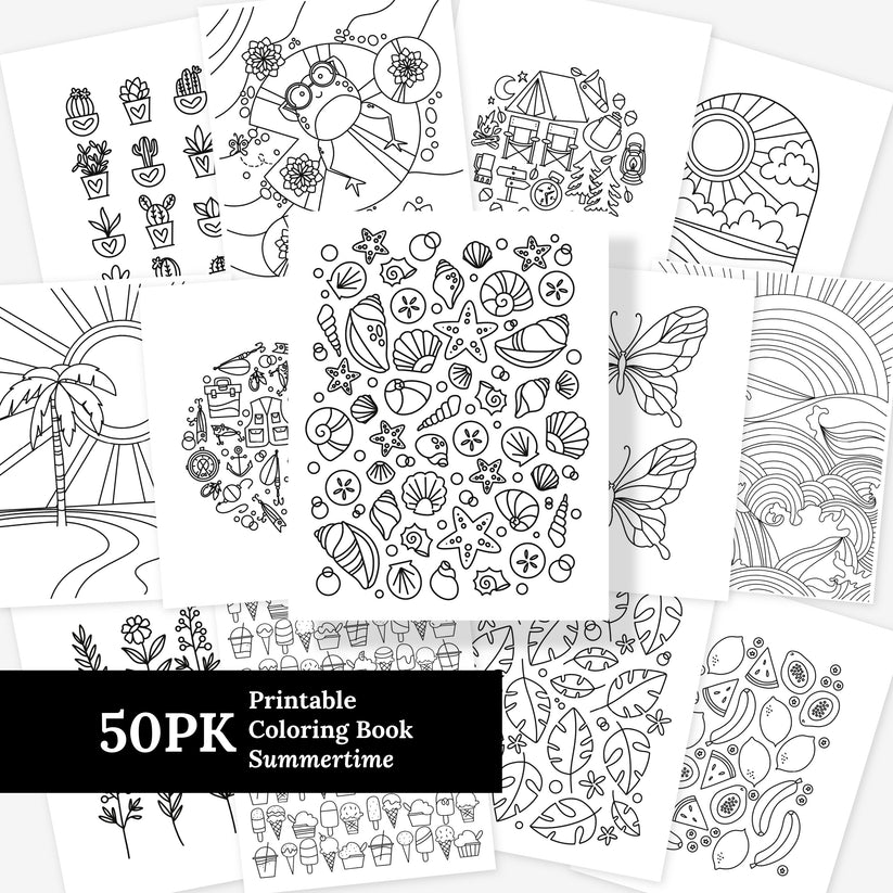 50 Pk Summertime Printable Coloring Pages | Hand Illustrated Ocean Tro ...