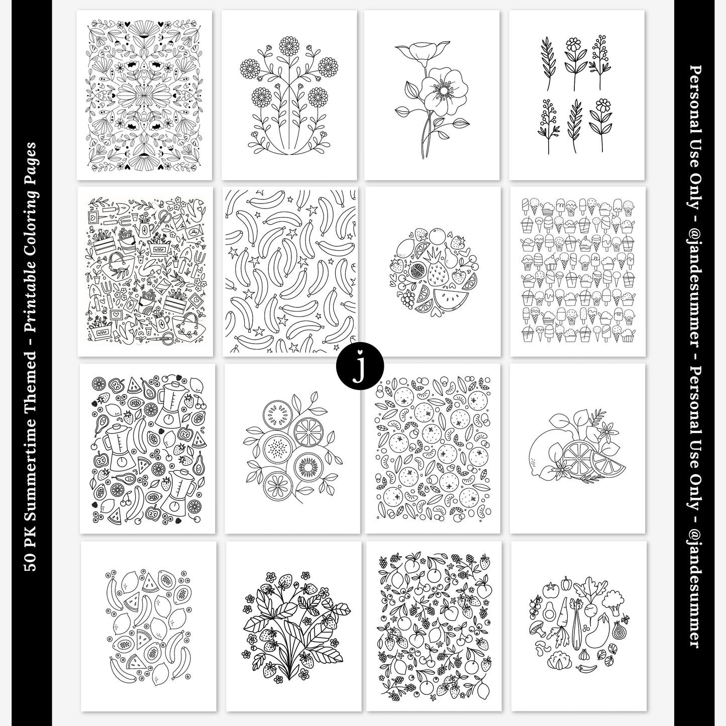 50 Pk Summertime Printable Coloring Pages | Hand Illustrated Ocean Tropical Flower Fishing Travel Summer Foods Garden Theme