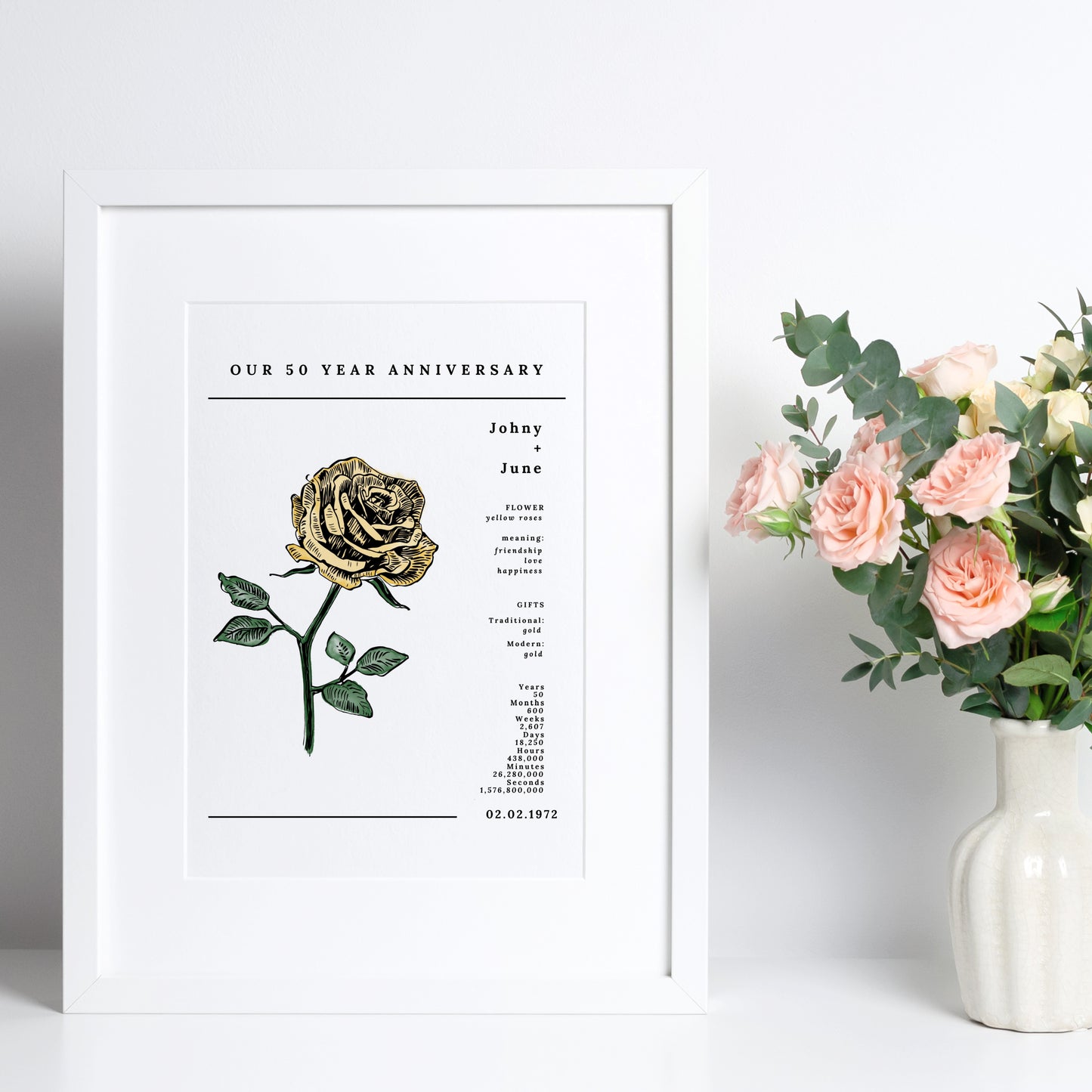 50 Year Anniversary Yellow Roses Flower Art Printable | Wedding Anniversary Floral Gift