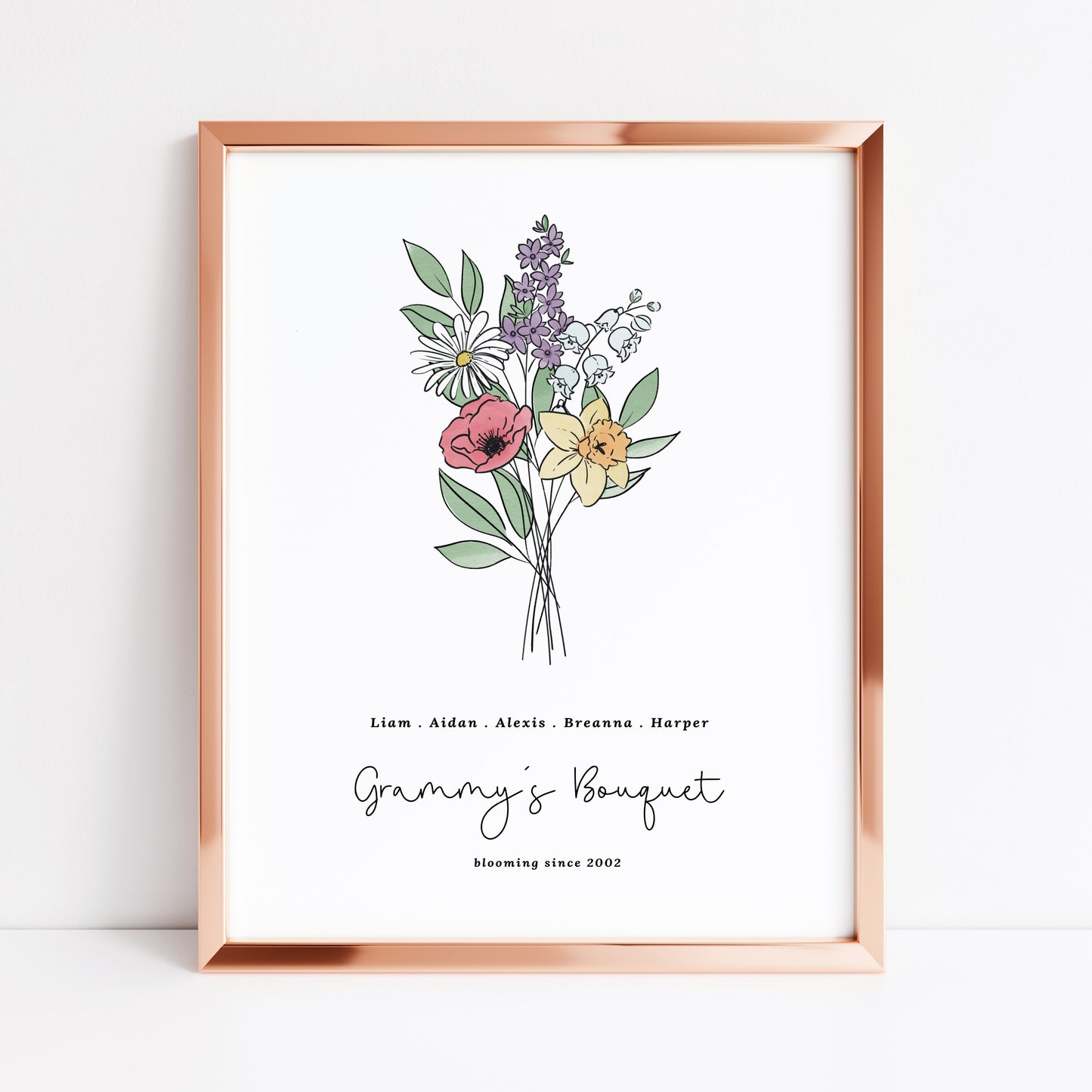 Family Birth Flower Bouquet Watercolor Art Print | Up to 6 Flowers