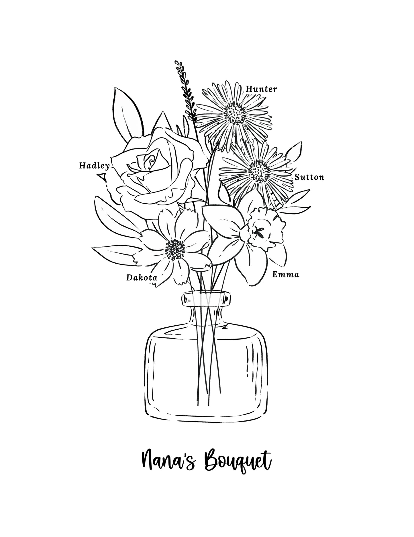 Birth Flower Bouquet Art Print Up to 6 Flowers | Black & White Floral Vase Sketch | Sweet Simple Keepsake Gift