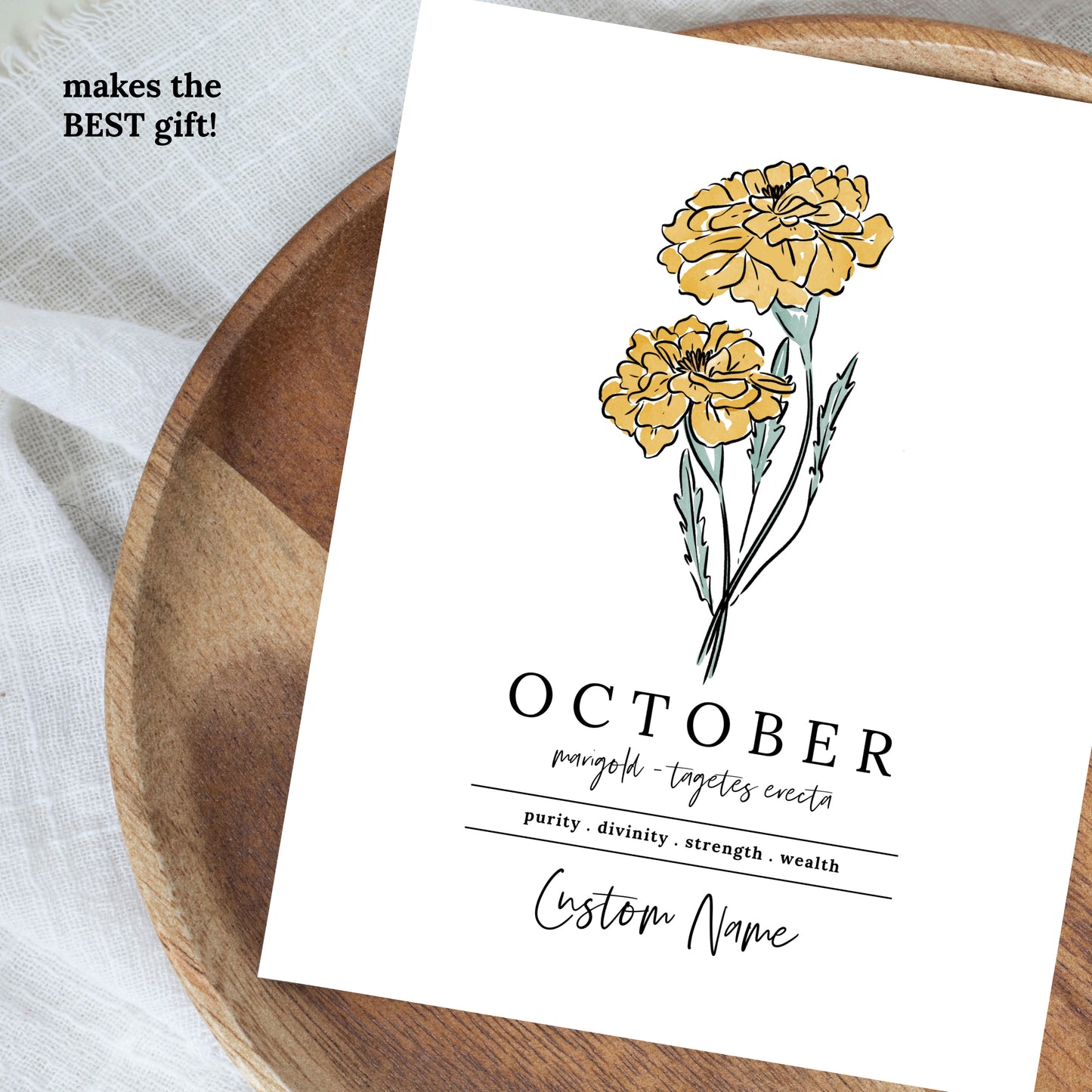 October Marigold Birth Flower Art Print | Personalized Unframed Birthday Floral Illustration