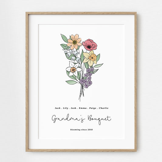 Family Birth Flower Bouquet Watercolor Art Print | Up to 6 Flowers