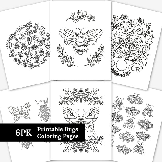 6 PK Printable Bug Coloring Pages | Print & Color | Digital Art Illustrated Nature Bee Butterfly Beetle Doodles