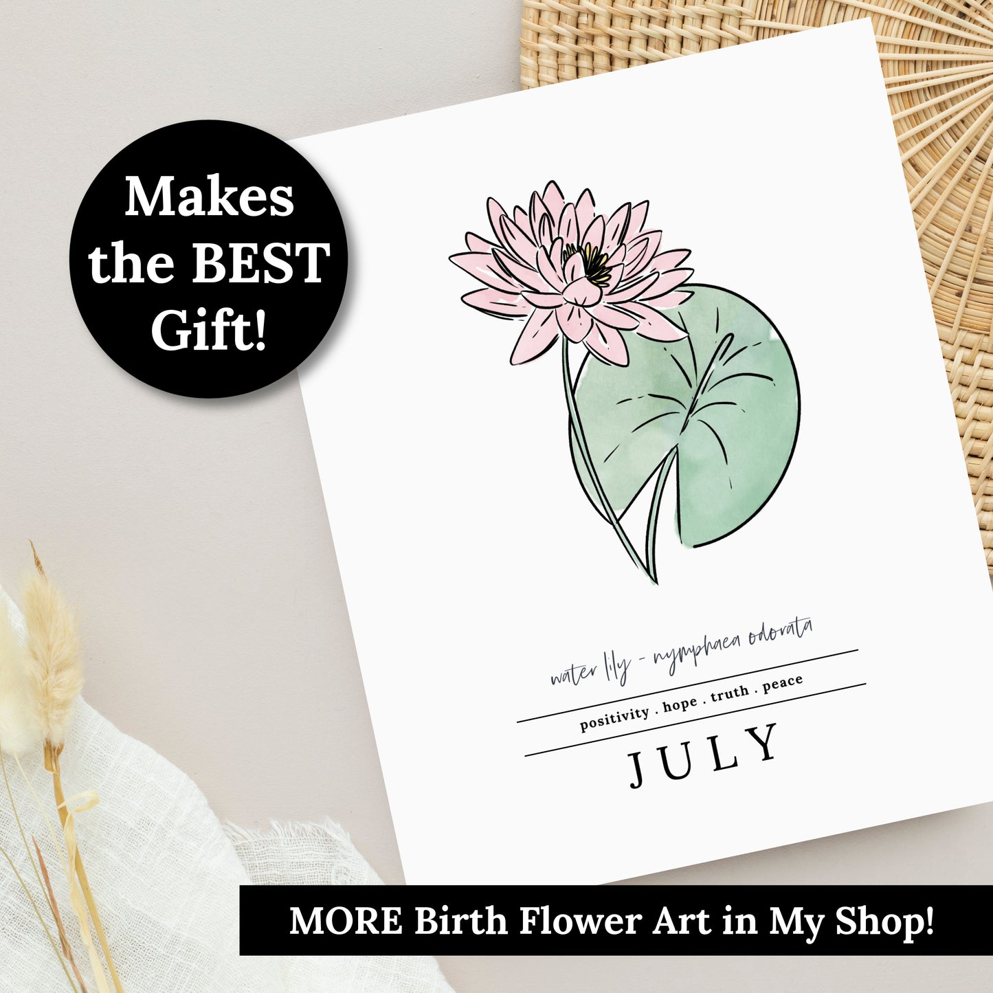 July Water Lily Birth Flower Unframed Art Print | Illustrated Floral Art