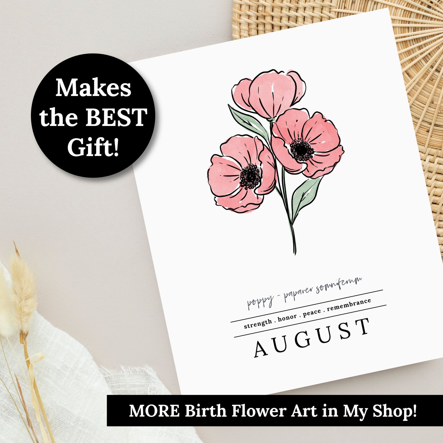 August Poppy Birth Flower Unframed Art Print | Illustrated Floral Art