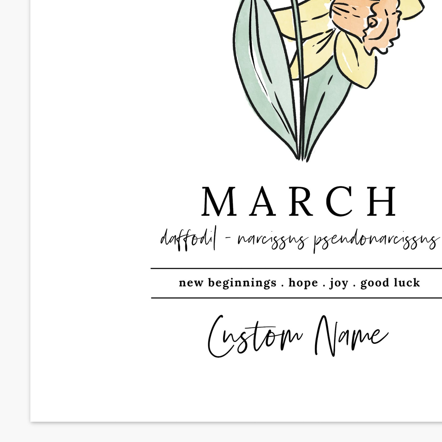 March Yellow Daffodil Birth Flower Personalized Name Unframed Art Print | Custom Gift for Birthdays | Nursery Wall Decor