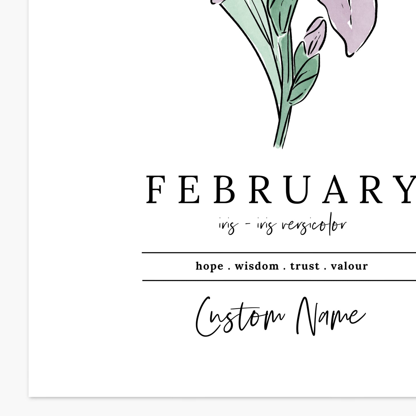 February Iris Birth Flower Personalized Name Unframed Art Print | Gift for Birthdays | Nursery Wall Decor