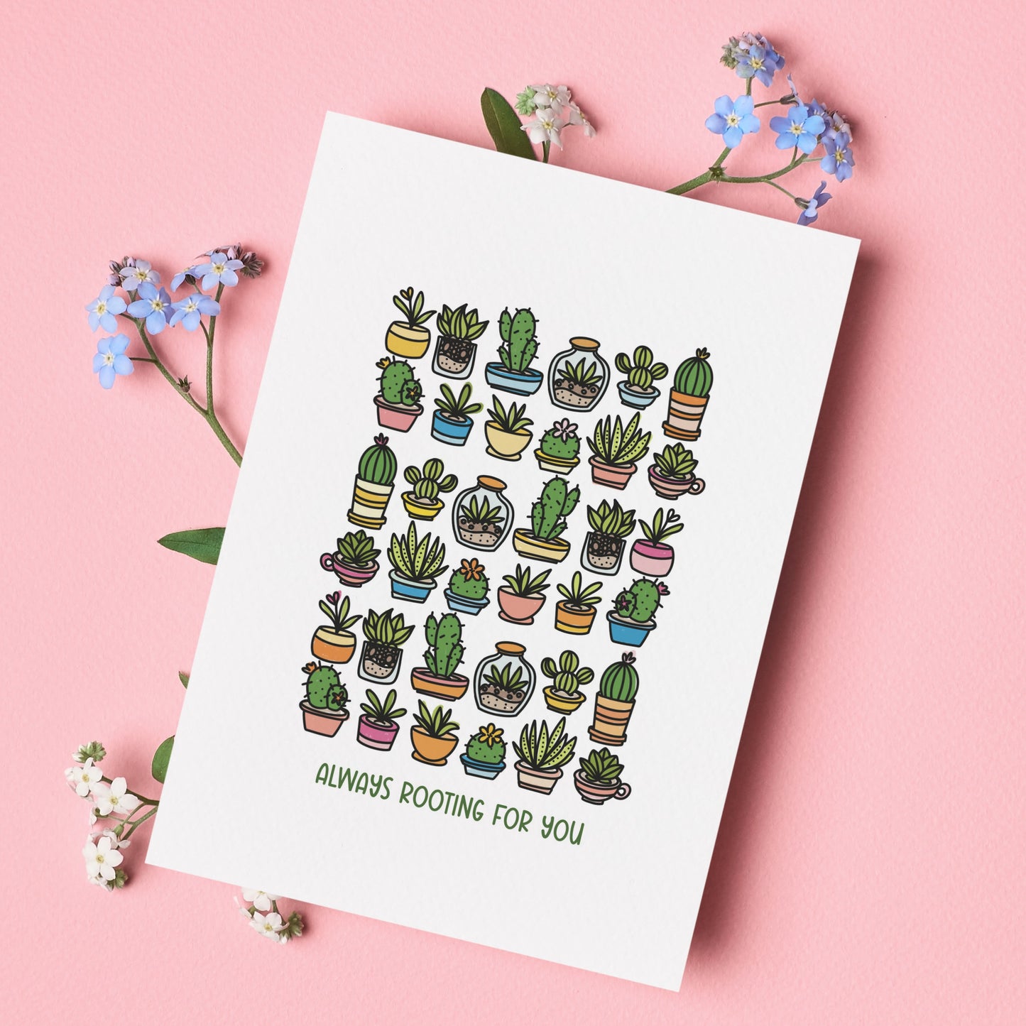 Always Rooting For You 5X7 Cards | 3 PK Gift For Plant Lovers | Illustrated Succulents & Cactus Greeting Card + Envelopes