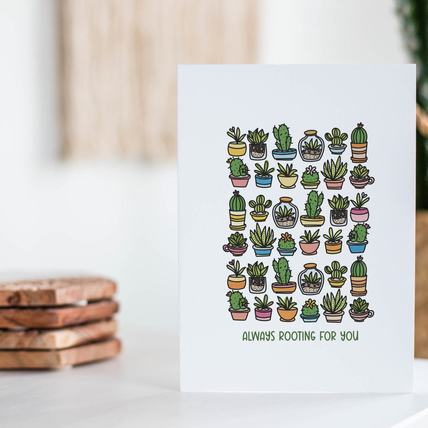 Always Rooting For You 5X7 Cards | 3 PK Gift For Plant Lovers | Illustrated Succulents & Cactus Greeting Card + Envelopes