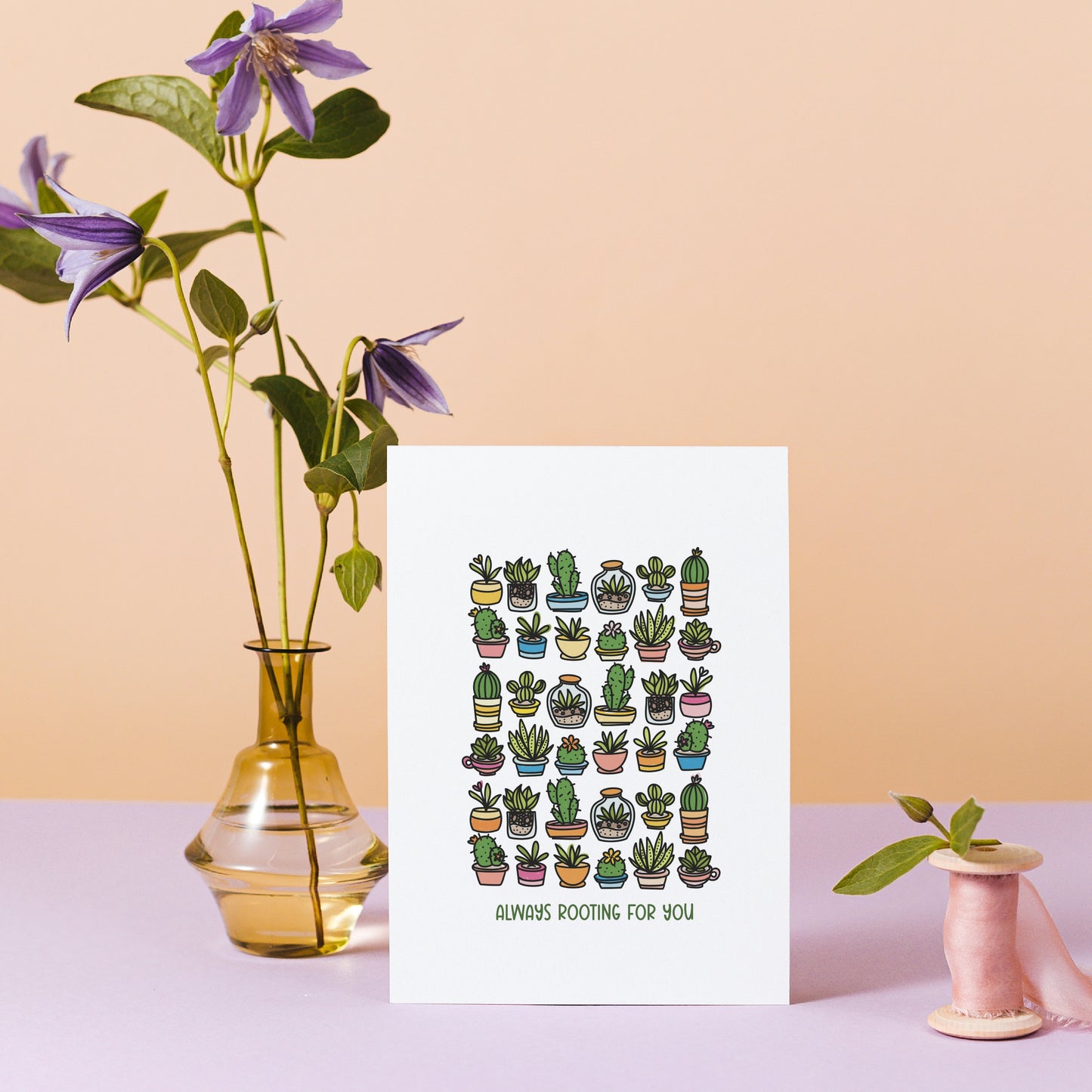 Always Rooting For You 5X7 Cards | 3 PK Gift For Plant Lovers | Illustrated Succulents & Cactus Greeting Card + Envelopes