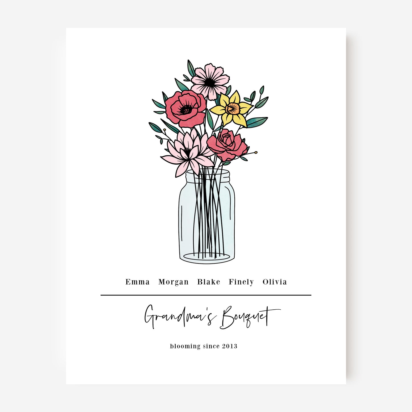 Birth Flower Bouquet Unframed Art Print | Up to 6 Names & Flowers | Gift for Mom and Grandma Family Flower Bunch