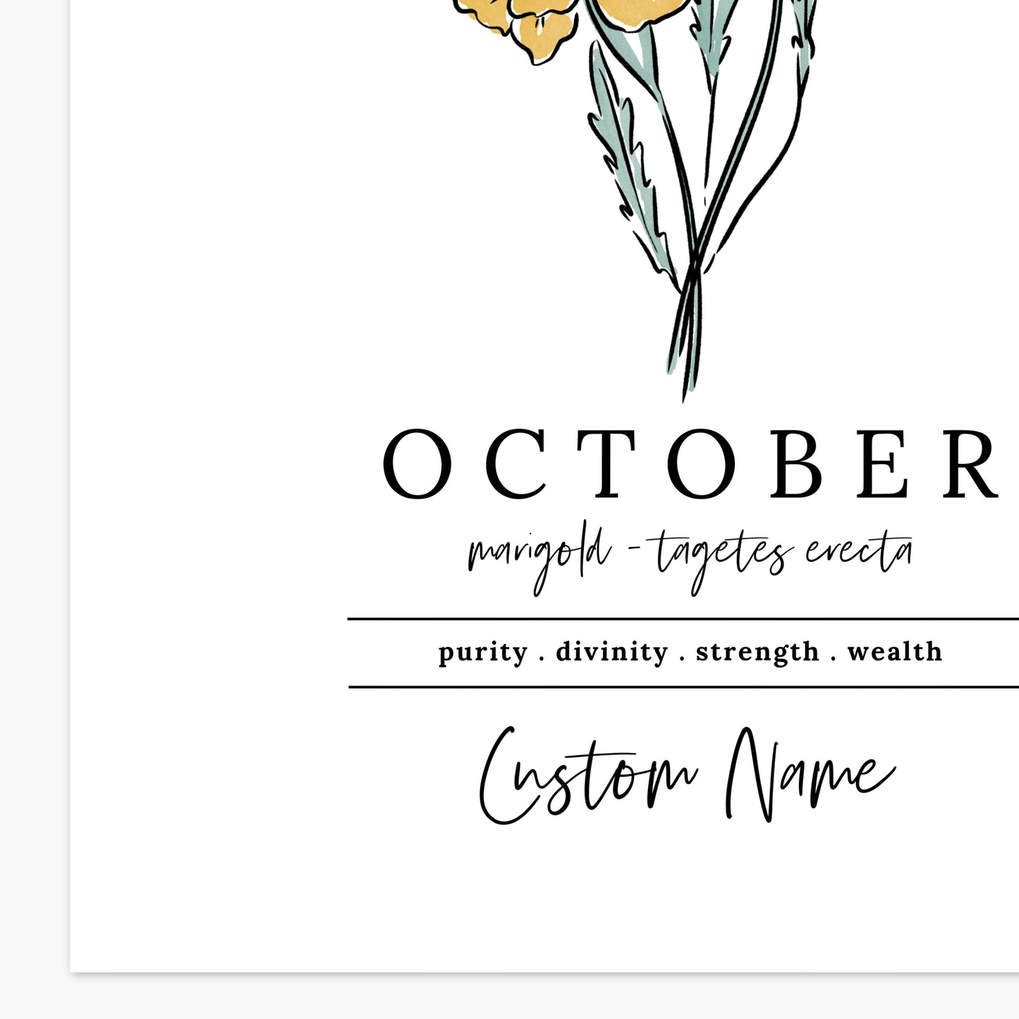 October Marigold Birth Flower Art Print | Personalized Unframed Birthday Floral Illustration