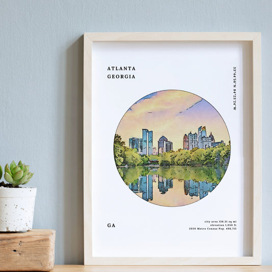 Atlanta Georgia Facts & Watercolor Illustration Unframed Art Print | Gift for Wedding Vacation Souvenir