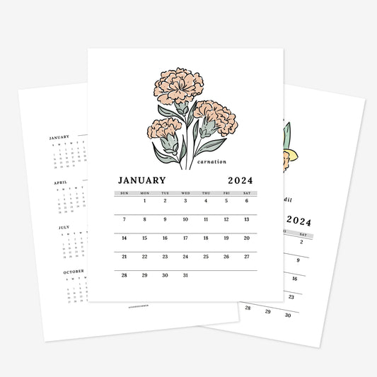 2024 Birth Flower + At A Glance Printable Calendar | Full Year 12 Months | Sunday & Monday Start Day | Digital Calendar