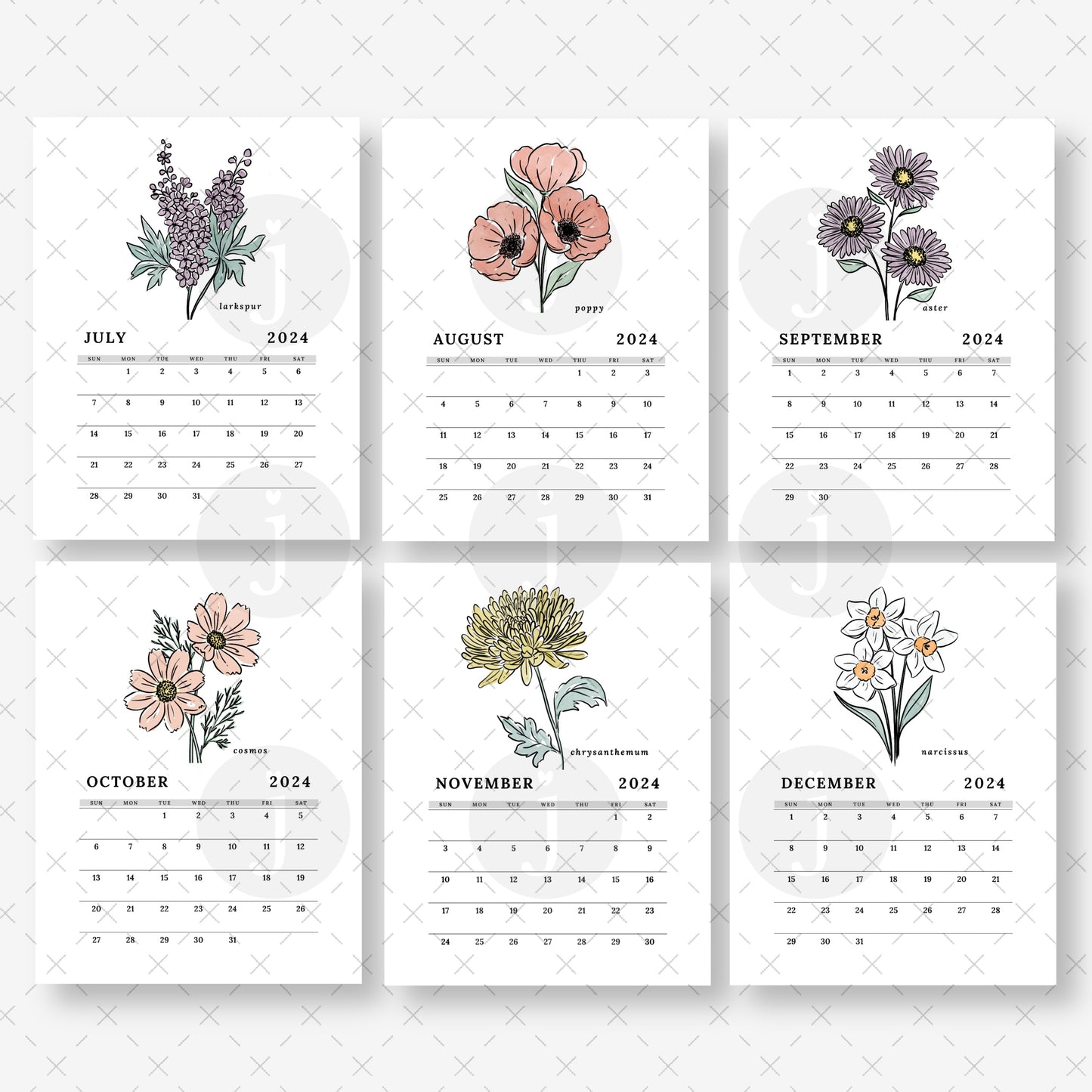 2024 Birth Flower + At A Glance Printable Calendar | Full Year 12 Months | Sunday & Monday Start Day | Digital Calendar
