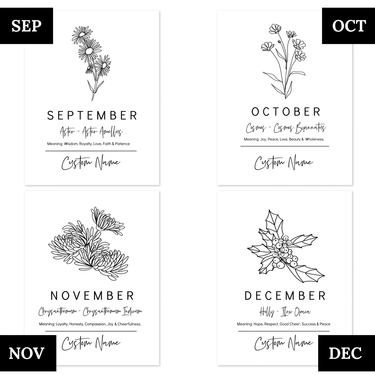 You Choose Birth Flower Personalized Name Black & White Unframed Art Print | Custom Gift for Birthdays | Nursery Wall Decor