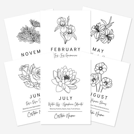 You Choose Birth Flower Personalized Name Black & White Unframed Art Print | Custom Gift for Birthdays | Nursery Wall Decor