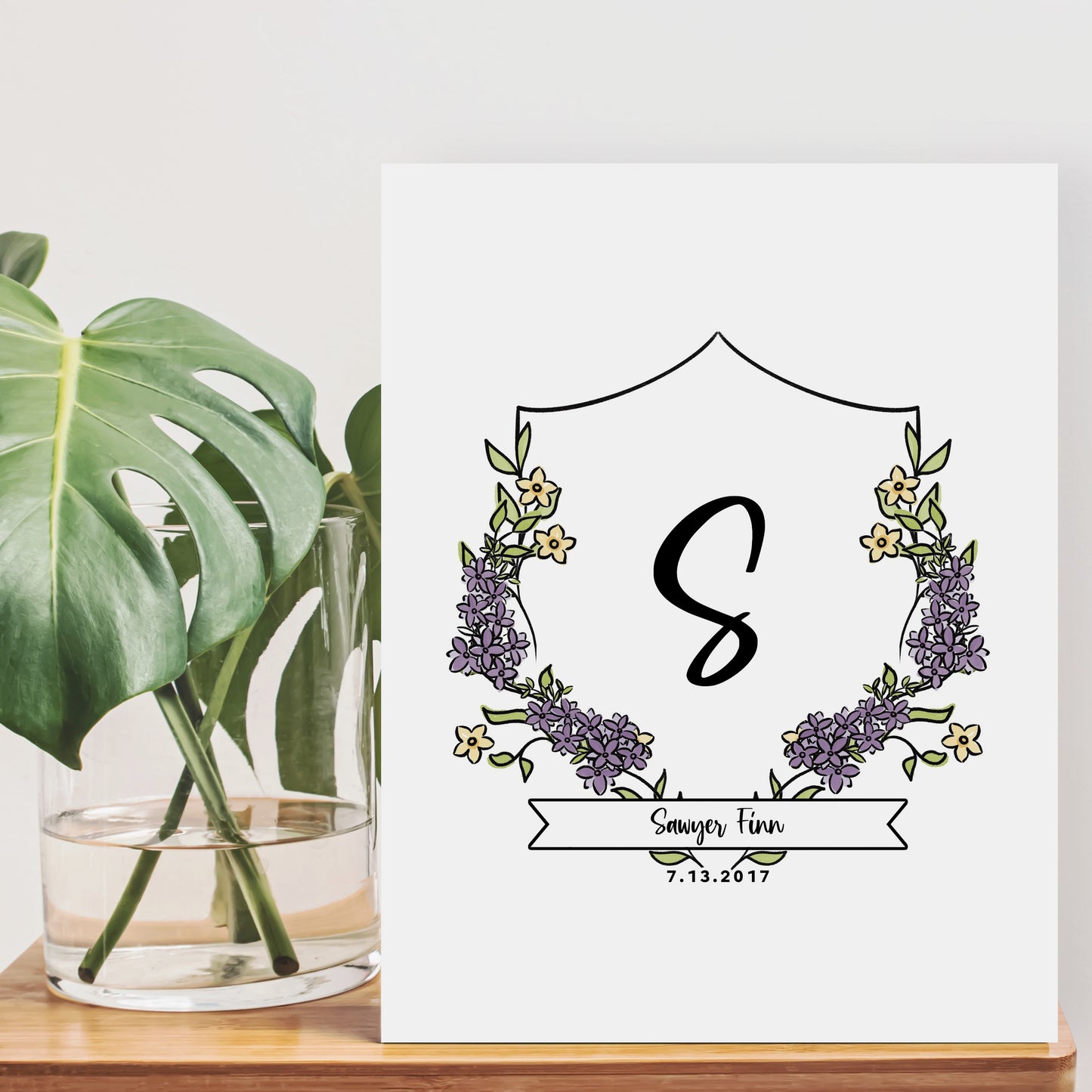 Birth Flower Initial Crest Print | Custom Name Monogram Art | Personalized Gift