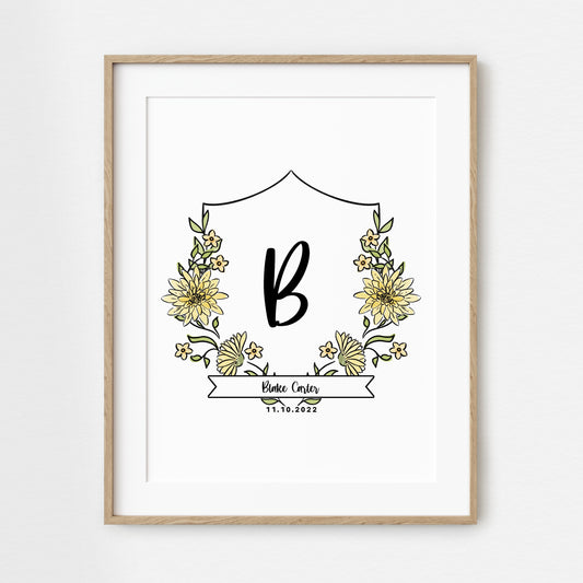 Birth Flower Initial Crest Print | Custom Name Monogram Art | Personalized Gift