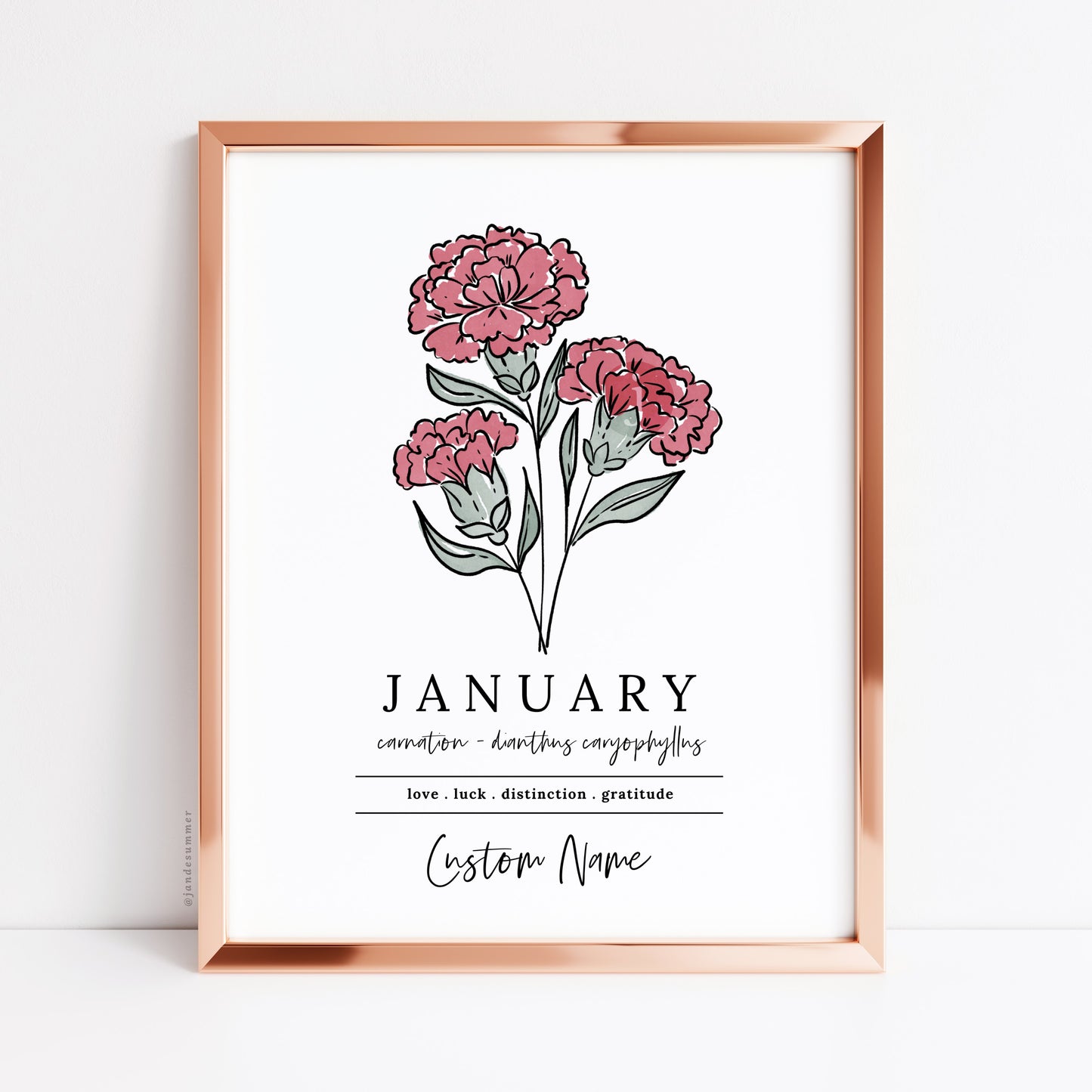 January Red Carnation Birth Flower Personalized Name Unframed Art Print | Gift for Birthdays | Nursery Wall Decor